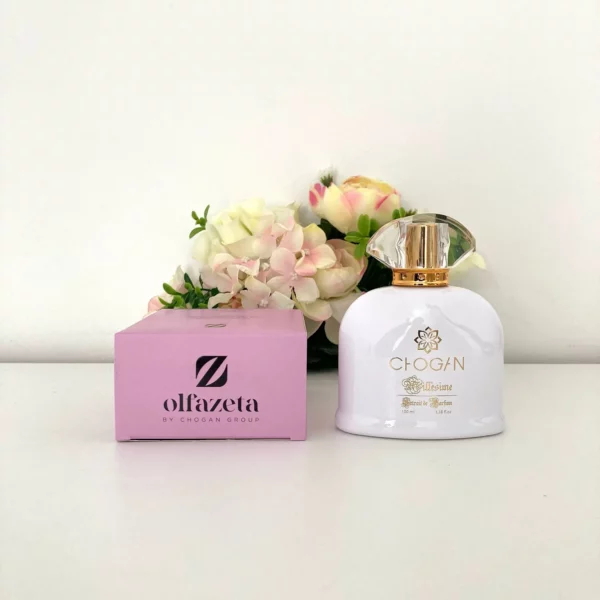 Flacon de parfum femme Olfazeta Millesime 055 et son étui vu de dessus