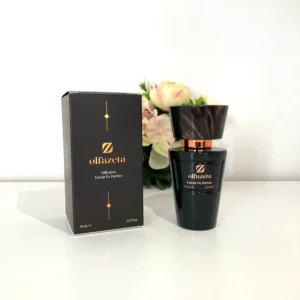 Parfum Olfazeta Millésime – flacon élégant noir et cuivre de 70 ml avec sa boîte assortie, extrait de parfum haut de gamme pour homme ou femme, présenté sur fond floral.