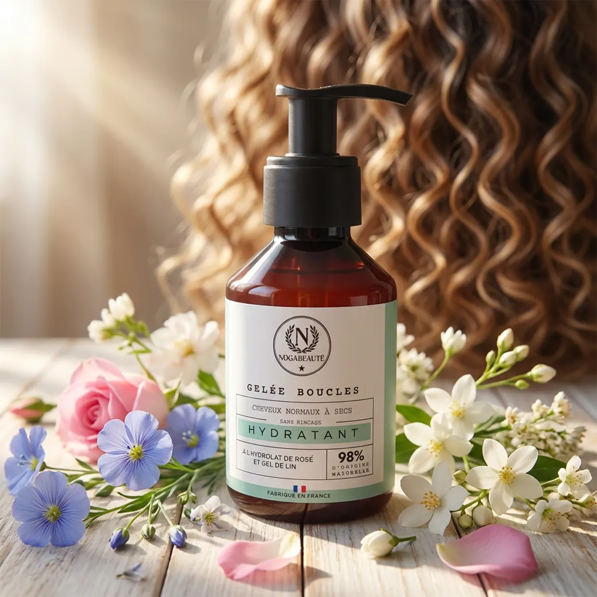 Gelée boucles naturelle avec des fleurs de lin, de roses et fleurs blanches