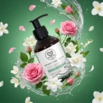 Flacon de shampoing et fleurs de rose et fleurs blanches